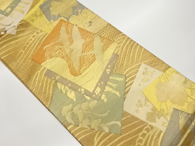 JAPANESE KIMONO / VINTAGE FUKURO OBI / SILK / WOVEN WAVE & CRANES